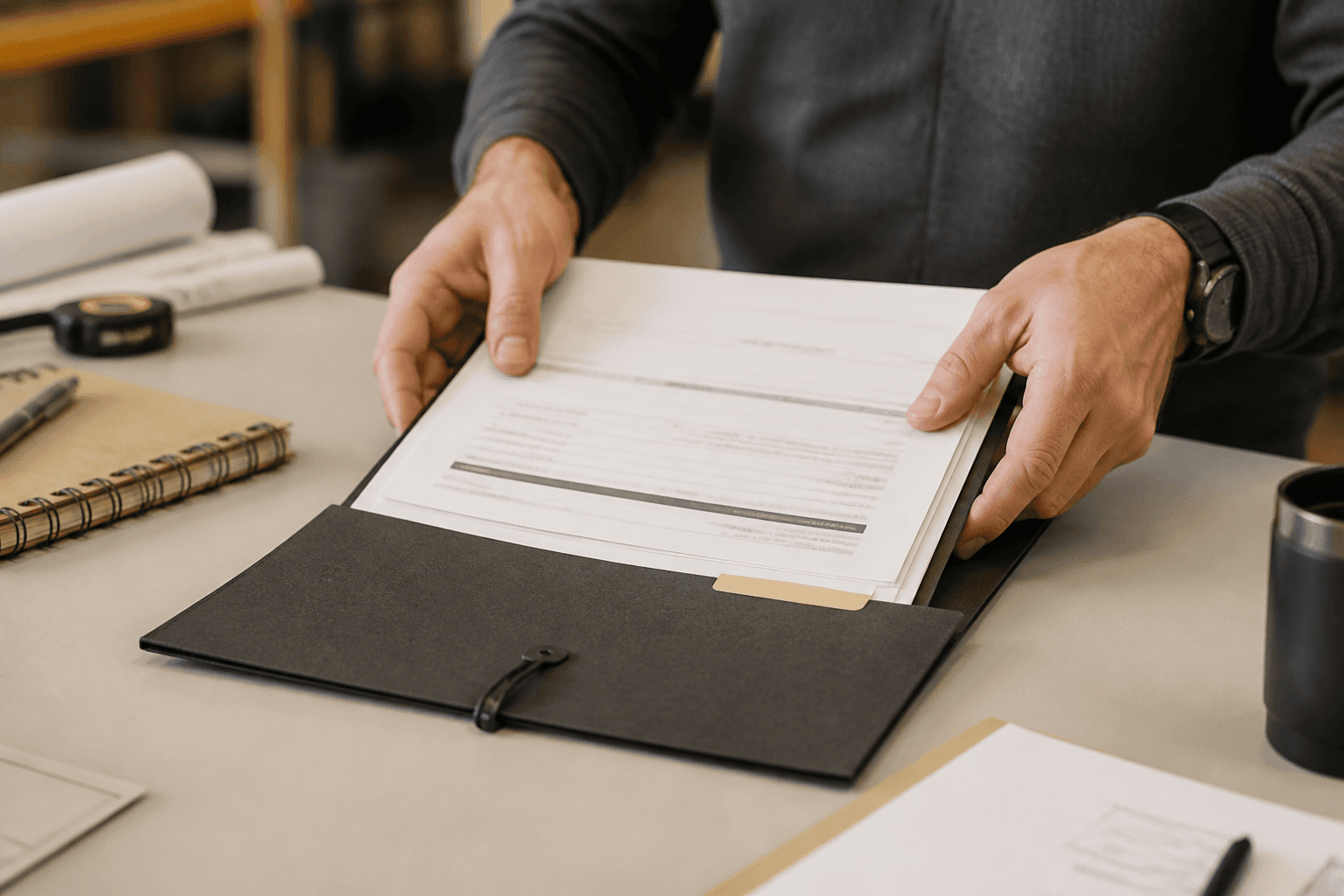 Hands placing a filled packet into a black folder